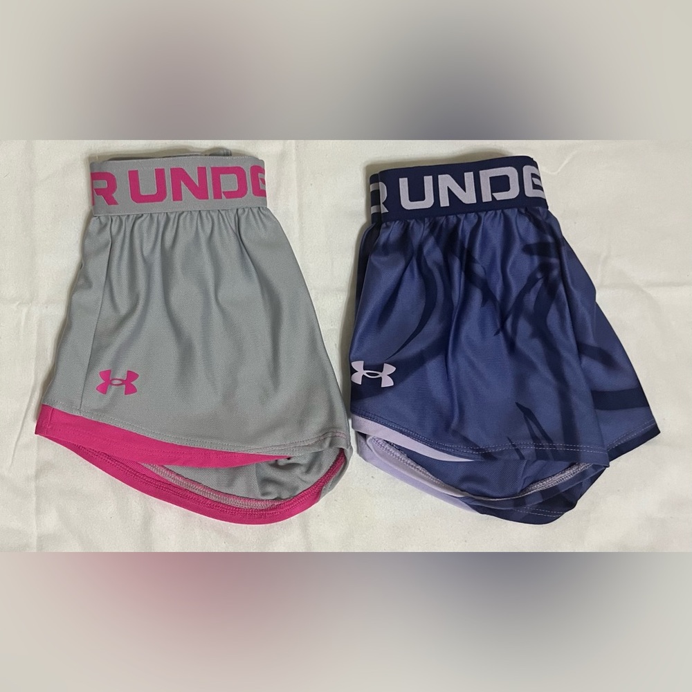 Bundle of Under Armour Play Up 2.0 girls Shorts - Gray/pink and Blue/purple.